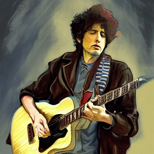 Image similar to character portrait of a rugged bob dylan playing his guitar in the fullham. f. c stadium, gothic, john singer sargent, muted colors, moody colors, illustration, digital illustration, amazing values, art by j. c. leyendecker, joseph christian leyendecker, william - adolphe bouguerea, graphic style, dramatic lighting, gothic lighting