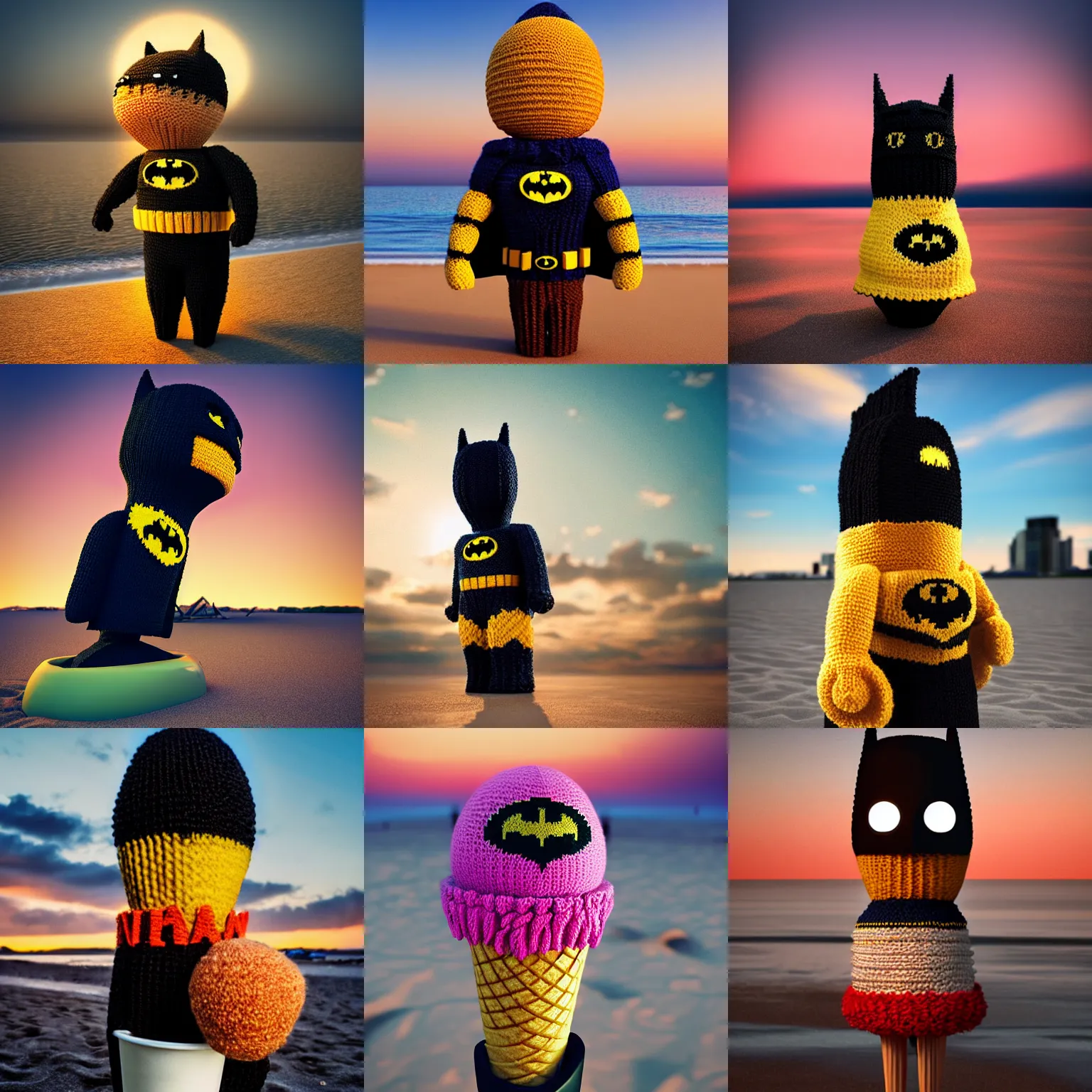 Prompt: a large knitted batman eating an ice cream cone at sunset on the beach Trending on artstation, featured on Behance, well-rendered, Unreal Engine, 4K HD