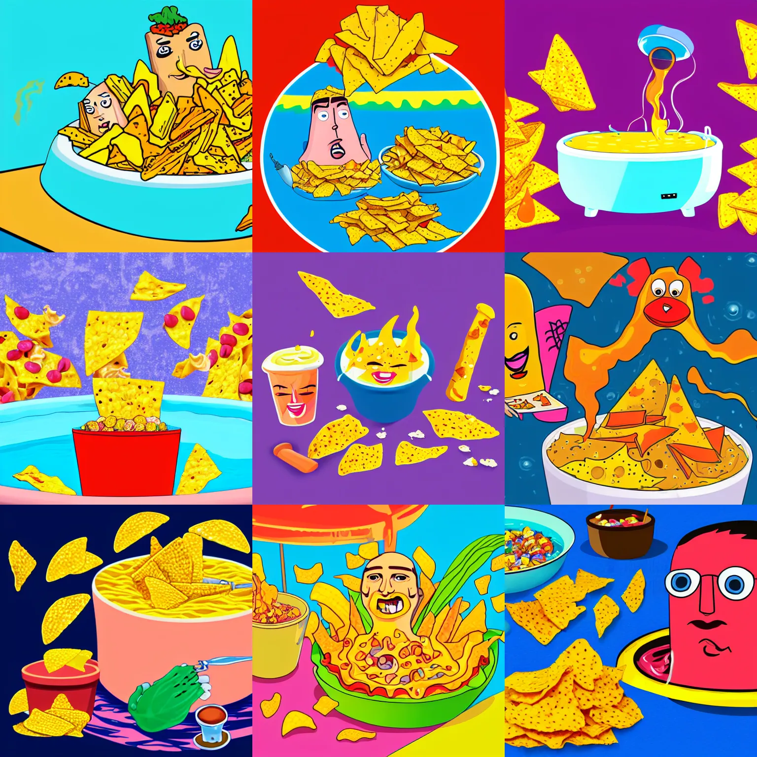 Prompt: colorful illustration of stoned corn chips with cartoon faces and arms, sitting in a hot tub full of melted nacho cheese, passing a bong