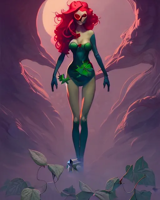 Image similar to peter mohrbacher, phil noto comicbook cover art, artgerm, emma stone poison ivy, vines, symmetrical eyes, city rooftop