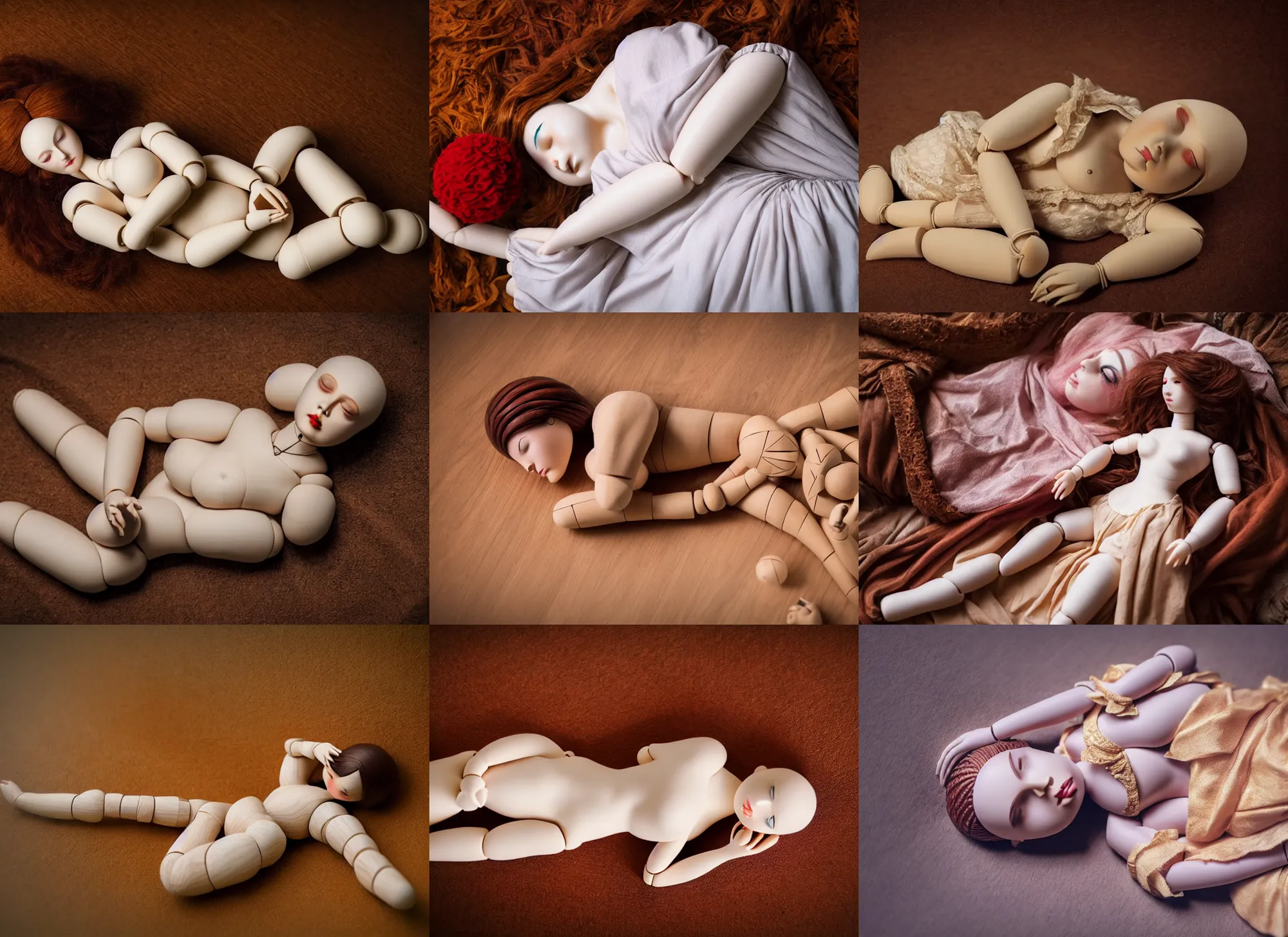 Prompt: low camera angle 2 8 mm lens full body photograph a beautiful female ball - jointed wooden art doll lying on her side asleep, professional photography, dslr, by raphael, by agostino arrivabene, soft light
