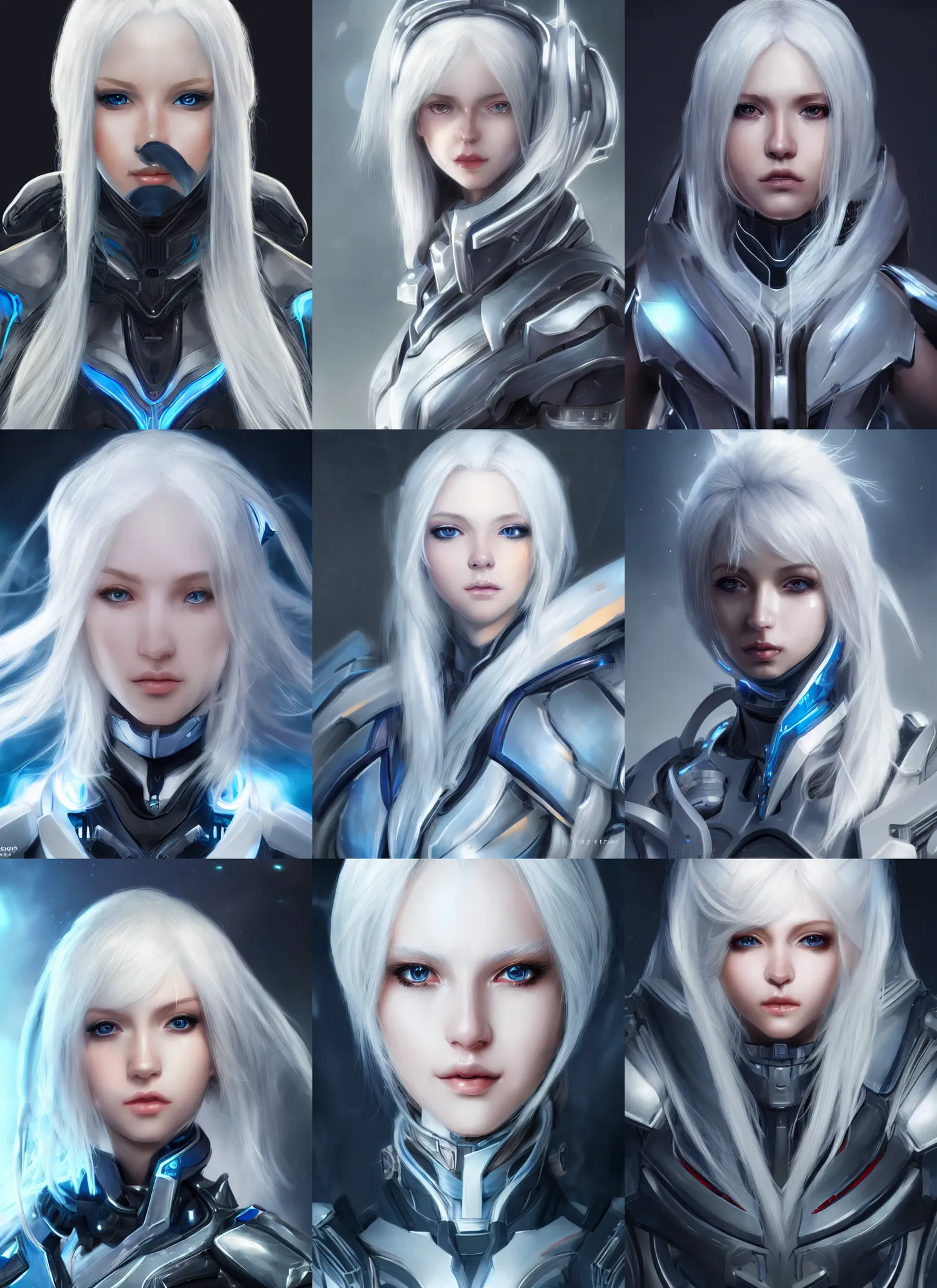 Image similar to detailed portrait of perfect white haired girl, android, warframe armor, beautiful, pretty face, blue cyborg eyes, innocent, scifi, 4 k, sun yunjoo, ultra realistic, aura of light, cinematic lighting, highly detailed, sharp focus, artstation, masterpiece, art by hyungjin yang