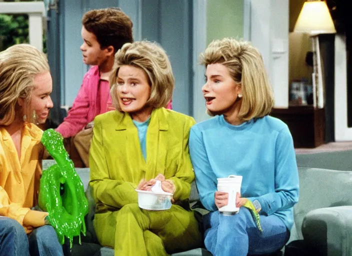 Prompt: the episode of Murphy Brown where everyone gets covered with nickelodeon slime hd