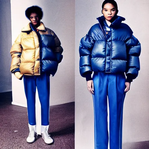 Prompt: realistic photoshooting for a new balenciaga lookbook color film photography portrait of a beautiful woman model, model wears a puffer jacket, photo in style of tyler mitchell, wes anderson