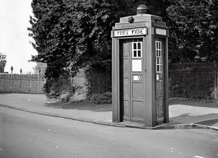 Image similar to photo of a metropolitan police box on a street in suburban london, police box, 1936, sepia