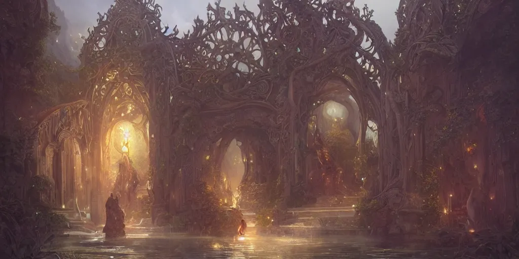 Image similar to ultra realistic illustration, gateway to fairyland from diablo and baldurs gate, intricate, elegant, highly detailed, digital painting, artstation, concept art, smooth, sharp focus, illustration, art by artgerm and greg rutkowski and alphonse mucha