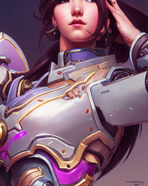 Image similar to D.Va (Overwatch), closeup, D&D, fantasy, intricate, elegant, highly detailed, digital painting, artstation, concept art, matte, sharp focus, illustration, hearthstone, art by Artgerm and Greg Rutkowski and Alphonse Mucha