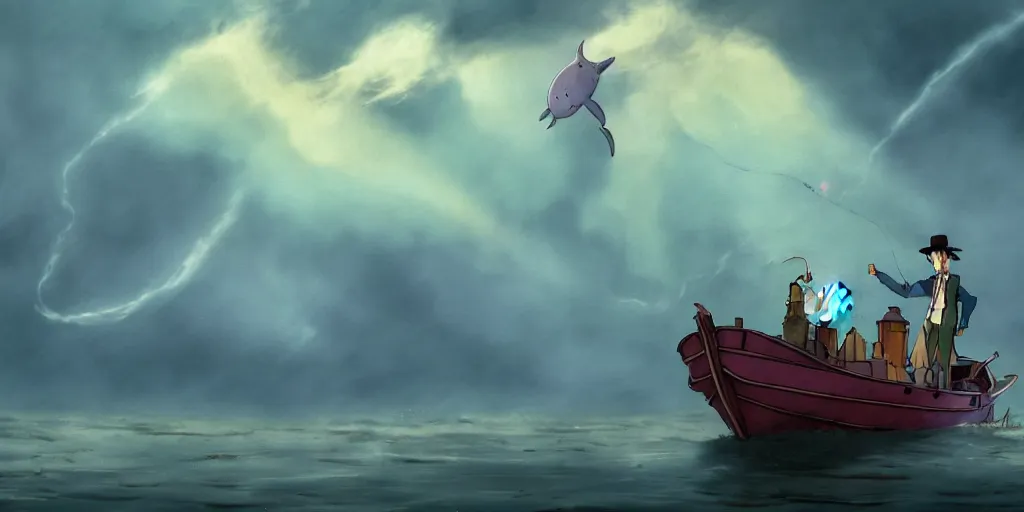 Image similar to a realistic and atmospheric cell - shaded concept art from howl's moving castle ( 2 0 0 4 ) of a multi - colored whale jumping into the air. a man with an umbrella is standing in a boat in a flooded city. it is a misty starry night. very dull muted colors, hd, 4 k, hq