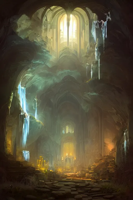 Image similar to Detailed Interior of Monastery Ruins, Waterfall walls, light of god, light shafts, candles, stunning atmosphere, in Style of Peter Mohrbacher, cinematic lighting