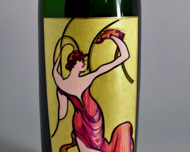 Image similar to dancer, melchizedek champagne bottle. art nouveau, cheerful, bright