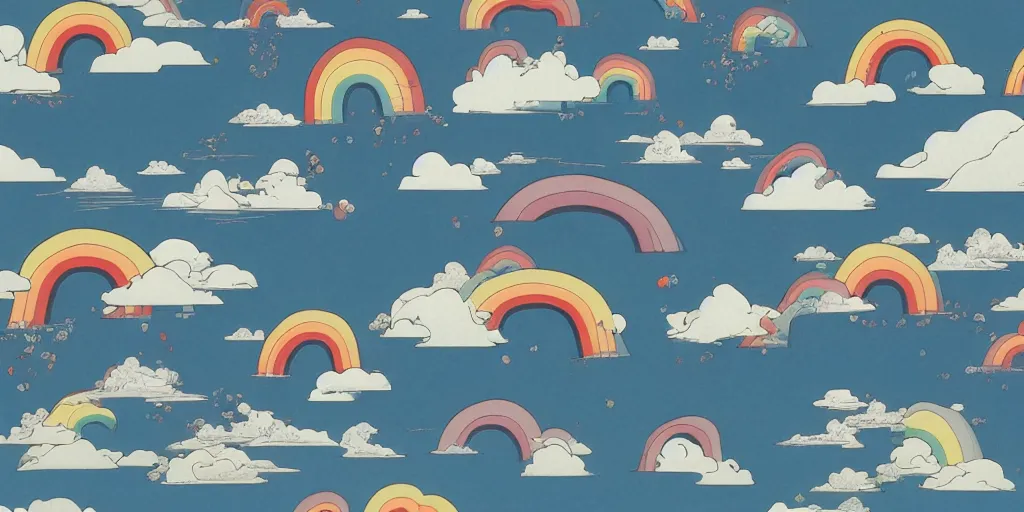 Prompt: rainbows, unicorns, and clouds isolated in the sky by Frank Miller and Hokusai, 8k, vector