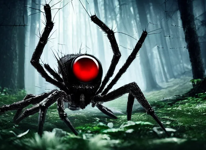 Image similar to knight fights off a giant white crystal clear spider with huge red eyes in a forest. highly detailed 8 k. intricate. lifelike. soft light. fantasy horror style. cinematic post - processing