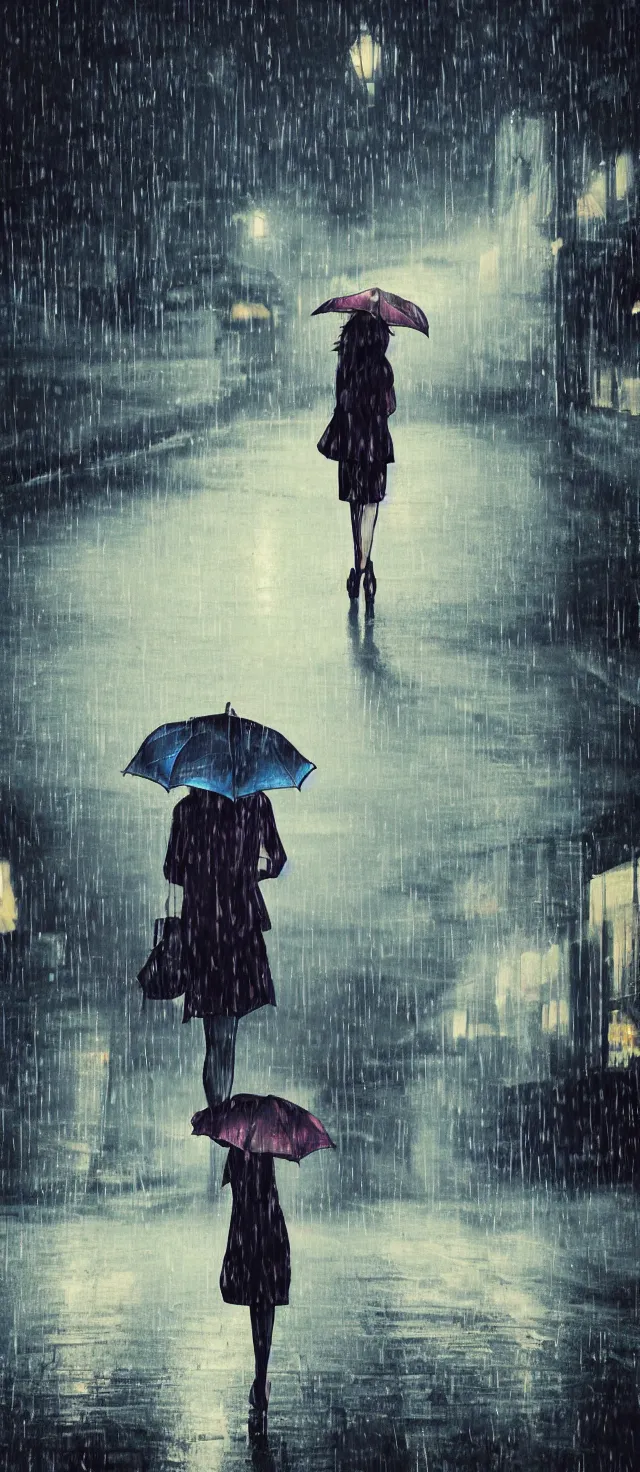 Image similar to lonely girl with umbrella on the wet road, rain, thunder, fog, night street, anime style