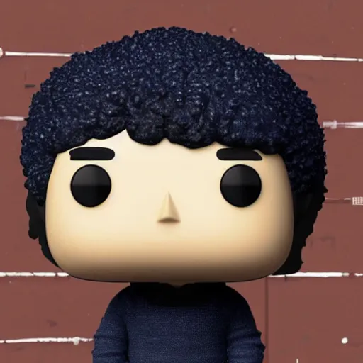 Image similar to a 21 year old skinny white guy with no beard and black hair in a navy blue sweater , jeans and grey shoes funko pop close up highly detailed photo