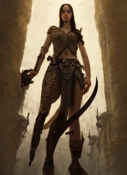 Image similar to photorealistic portrait of a beautiful young female warrior, clothed in ethereal armor, olive skin, long dark hair, beautiful bone structure, symmetrical facial features, intricate, elegant, digital painting, concept art, smooth, sharp focus, finely detailed, illustration, from Valerian and the City of a Thousand Planets, by Ruan Jia and Mandy Jurgens and Artgerm and William-Adolphe Bouguerea
