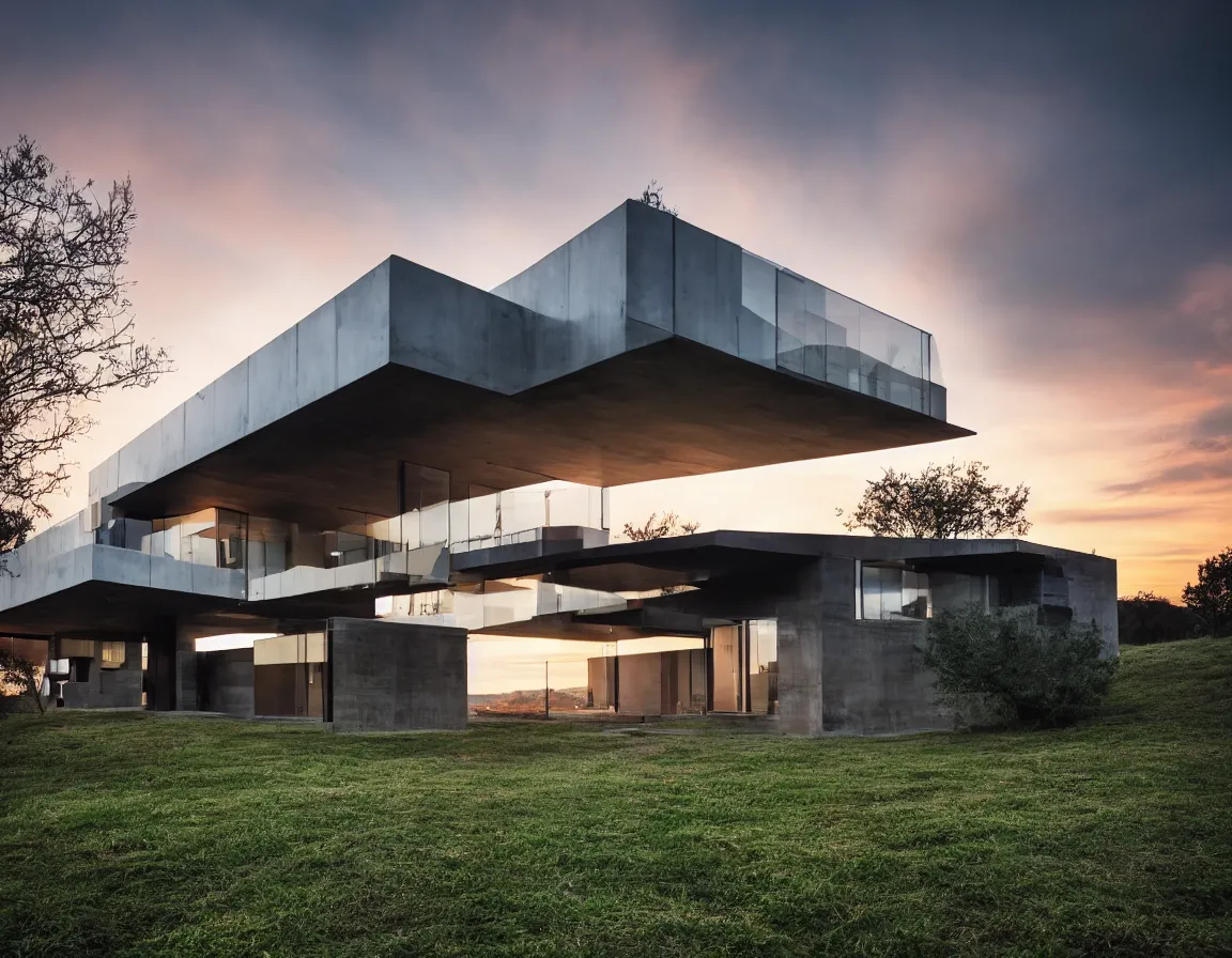 Prompt: house on a hill, modern architecture, house concept, sunset, morning, stary sky, rtx lighting, cloudy sky