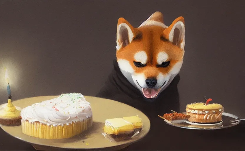 Image similar to a painting of a shiba inu eating a birthday cake trending on artstation in the style of greg rutkowski