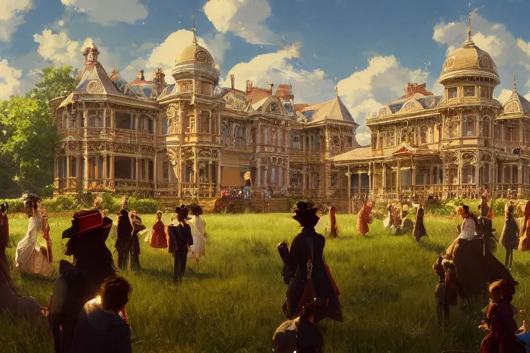 Image similar to an ornate victorian palace, party in front, scene in an open field. 1 8 9 0, key visual, conceptart, ambient lighting, highly detailed, digital painting, artstation, concept art, sharp focus, by makoto shinkai and akihiko yoshida and greg manchess