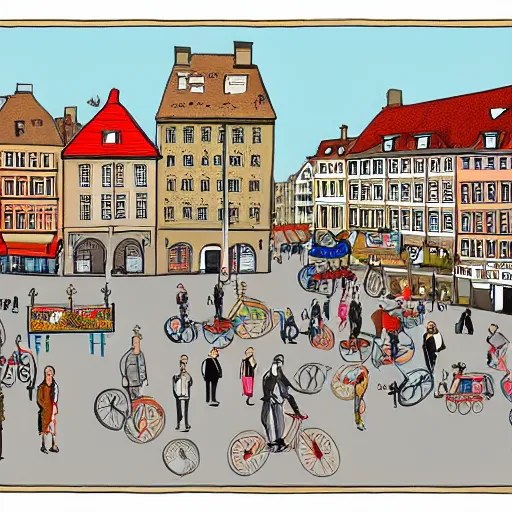 Prompt: detailed wimmelbilder cartoon image of a city square with shops and cars and bicycles and stands