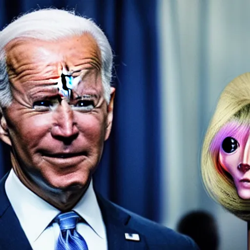 Prompt: alien, wearing a wig and a dress and ((Joe Biden)) at a press conference, photograph, highly detailed, 4K