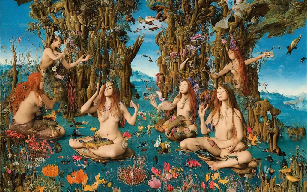 Prompt: a portrait photograph of a meditating mermaid shaman and a zebra centaur monk feeding parrots at a wide river delta. surrounded by flowers, animals and trees. mountain range under a vast blue sky of burning stars. painted by jan van eyck, max ernst, ernst haeckel, ernst fuchs and artgerm, cgsociety, artstation, fashion editorial