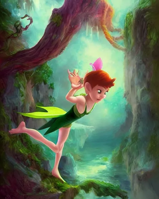 Prompt: if Peter Pan was a beautiful girl, trending on artstation, concept art, never land, tinkerbell,