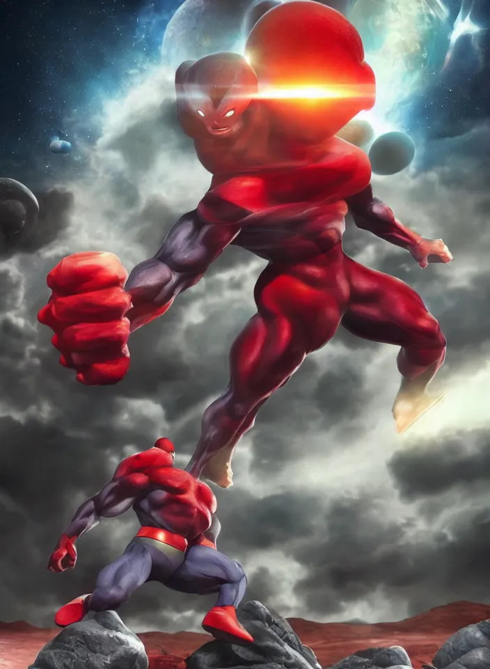 Image similar to hyper-realistic jiren the grey wearing red power ranger suit + superman suit | powerful attack, full body aura, ultra instinct, chakra | space, asteroids, stars, sun, floating rocks | drawn by Alan davis & richard corben & glenn fabry | highly detailed, cinematic poster, 4k HD wallpaper, epic scene, zbrush, octane render, rim lighting