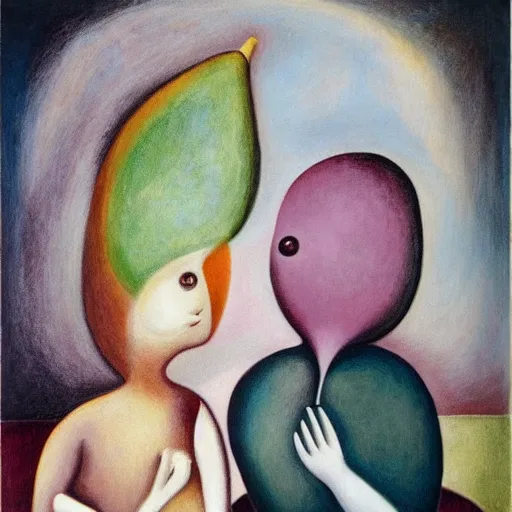 Prompt: abstract figurative art, leonora carrington style, lovers eat pears, dreamy, muted, pastel colors