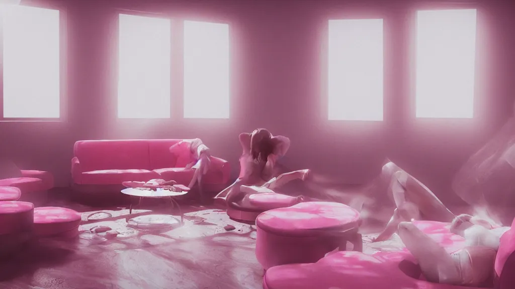 Prompt: pizza party on vintage pink velour sofa, group of friends, pizza slizes, medium shot, white walls, daytime, soft light through blinds, particles, unreal 5, detailed, volumetric lighting, michelangelo, cinematic, 3 5 mm lens, f 2. 8, 4 k