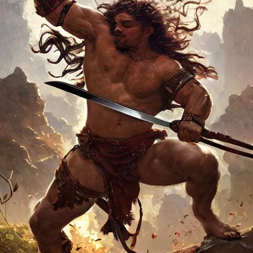 Prompt: muscular male barbarian charging into battle, intricate details, large sword, smoke and fire, by Stanley Artgerm Lau, by greg rutkowski, by thomas kindkade, by alphonse mucha, loish, by norman rockwell J.