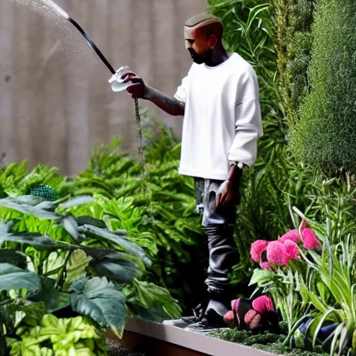 Image similar to Kanye West watering plants in a garden with a smile on his face, 8km, realistic, sharp, high details, detailed