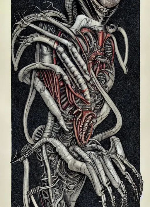 Image similar to full page scan of vintage anatomical drawing of Xenomorph, intricate details, faded colors, necronomicon style, illustration, intricate writing, symmetry, concept art