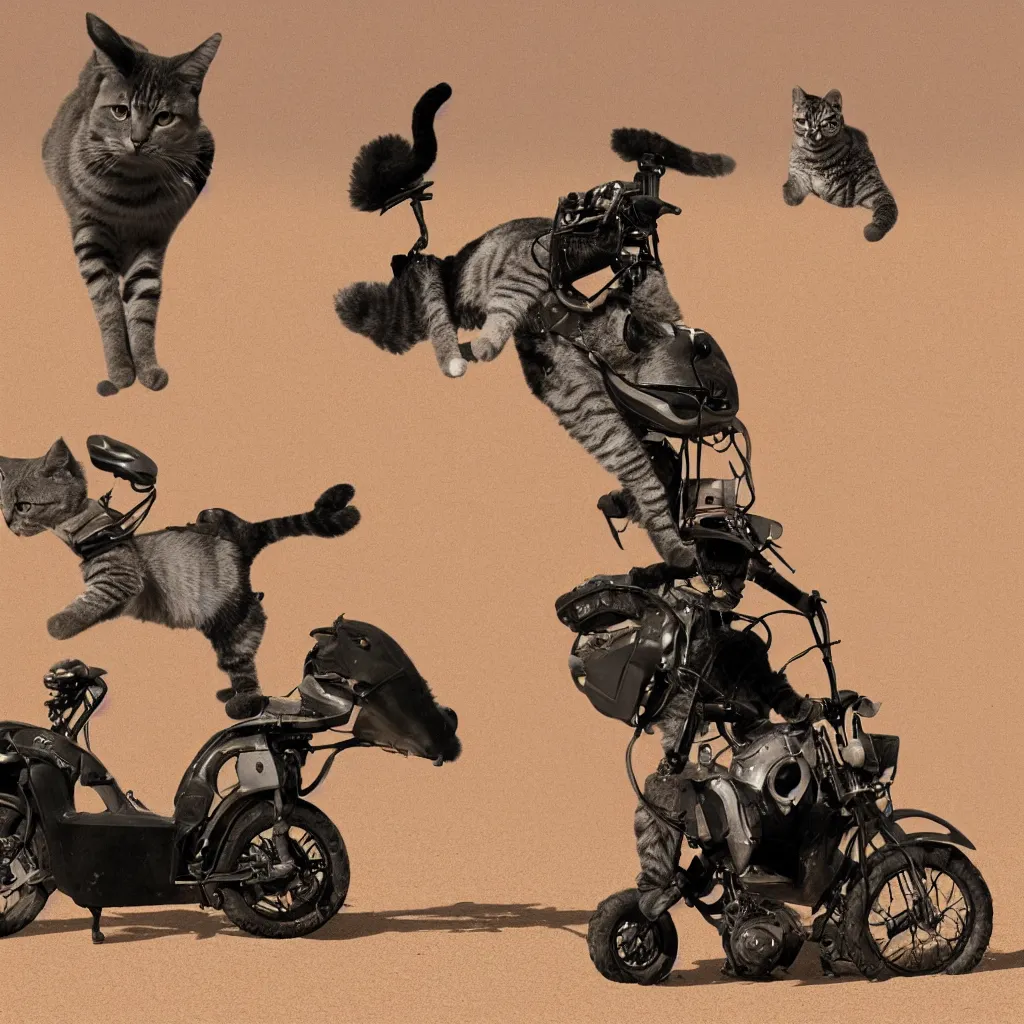 Image similar to an image of a cat riding a motercycle through the desert