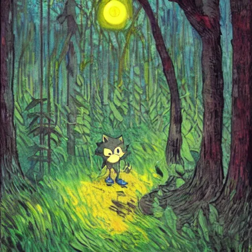 Image similar to sad ominous painting of detailed sonic the hedgehog in the woods at night, in the style of studio ghibli and moebius and claude monet and vincent van gogh