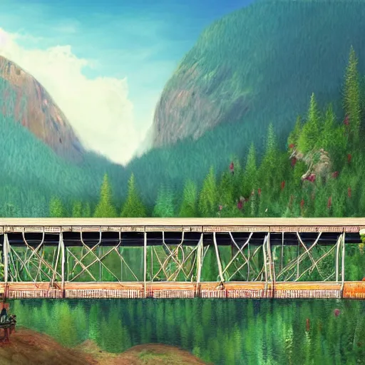 Image similar to train going over a trestle bridge in the mountains, concept art, illustrated, highly detailed, high quality, bright colors, optimistic,