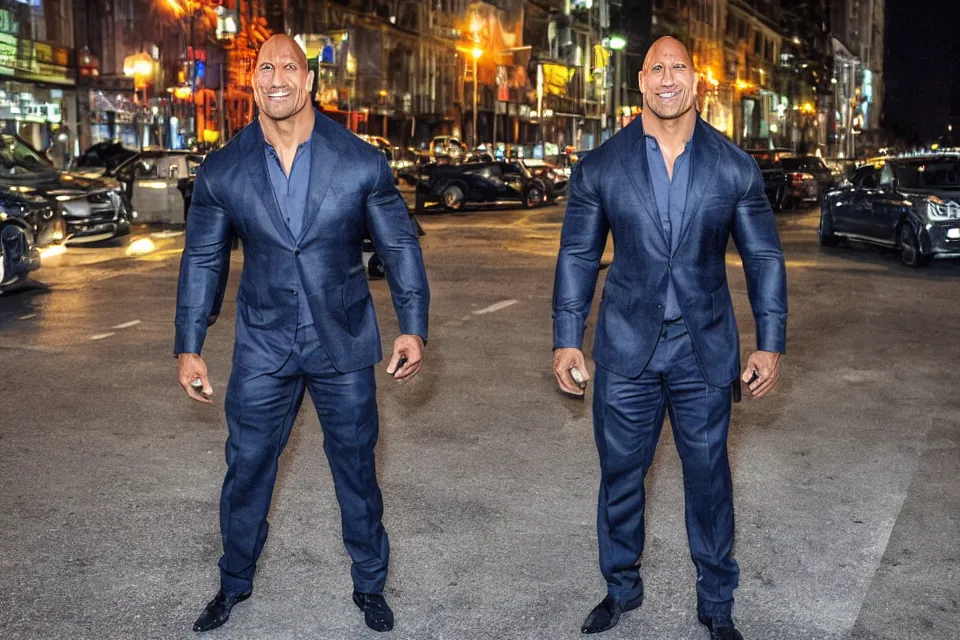 Image similar to Dwayne Johnson on the street in the night, bright lighting, high quality, ultra detailed , full body