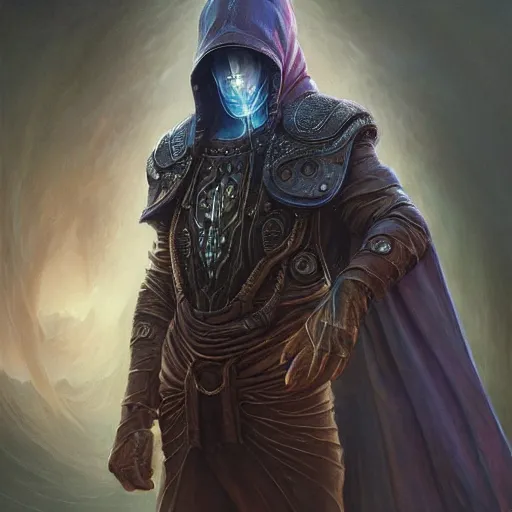 Image similar to male sci - fi nomad wearing a cloak on an alien world, covered face, detailed, sci - fi, digital painting, artstation, sharp focus, illustration, artgerm, tomasz alen kopera, peter mohrbacher, donato giancola, joseph christian leyendecker, wlop, frank frazetta