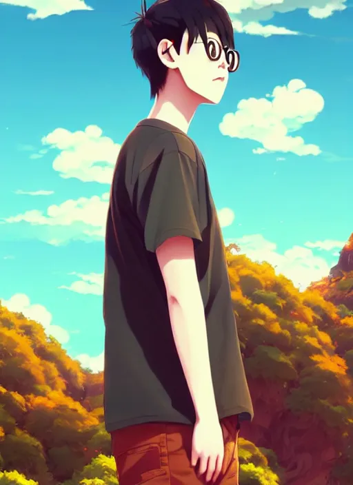 Image similar to portrait of chilled kong, sunny sky background, lush landscape, illustration concept art anime key visual trending pixiv fanbox by wlop and greg rutkowski and makoto shinkai and studio ghibli and kyoto animation, symmetrical facial features, black t shit, red headphones, ripped jeans, backlit, aerodynamic frame, gta 5