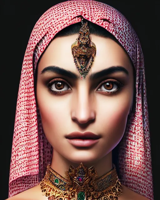 Prompt: photo of a gorgeous young arabic woman wearing elaborate baroque jewelry and face tattoos in the style of stefan kostic, realistic, sharp focus, symmetric, 8k high definition, insanely detailed, intricate, elegant, art by stanley lau and artgerm, William-Adolphe Bouguereau