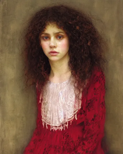 Prompt: a beautiful but sinister girl in layers of fear, with haunted eyes and curly hair, 1 9 7 0 s, seventies, delicate embellishments, a little blood, crimson, painterly, offset printing technique, by jules bastien - lepage, mary jane ansell