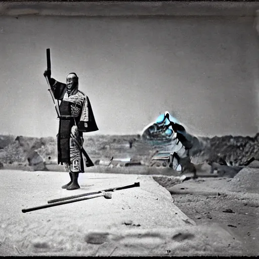 Prompt: samurai posing before the sphynx. in egypt giza. 1 8 6 3. landscape