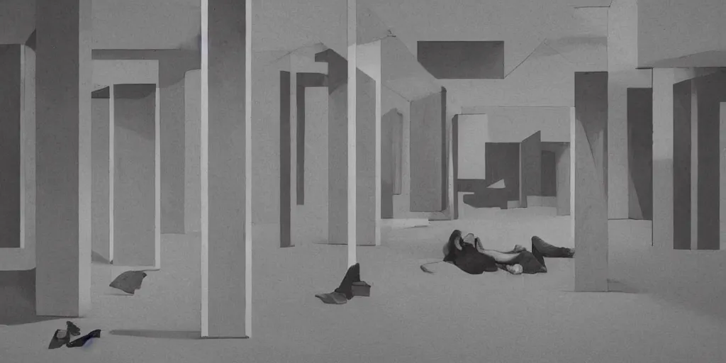 Prompt: brutalism art gallery in the style of tim eitel and cool looking hipsters