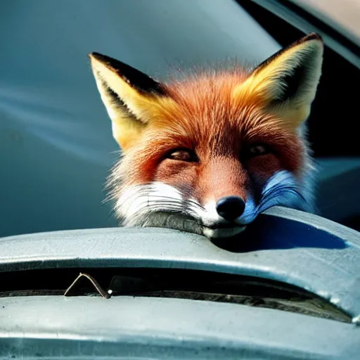 Prompt: fox sleeping on an old car, award winning photography