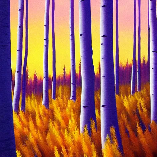 Image similar to beautiful painting of an Aspen forest at sunset, digital art, award winning illustration, golden hour, smooth, sharp lines, concept art, trending on artstation