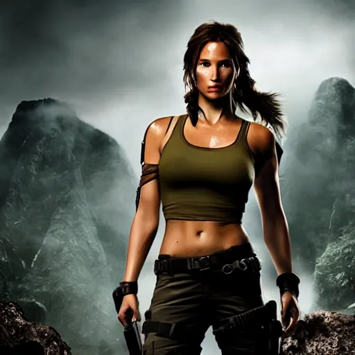 Prompt: A photograph of Lara Croft looking off camera in the style of Annie Leibovitz, high quality, studio quality, studio lighting