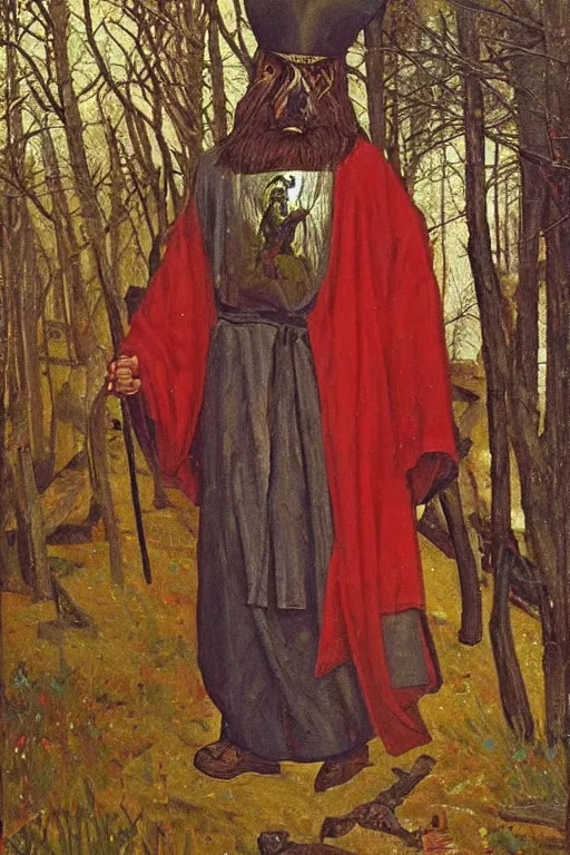 Prompt: slavic dog head man, woolen torso in medieval clothes, walking in the forest, orthodox saint christopher, oil painting, painting by viktor vasnetsov, concept art, hyperrealism, beautiful, high resolution, trending on artstation, by annie swynnerton and nicholas roerich, embroidered robes, starry tattoos, elaborate costume,