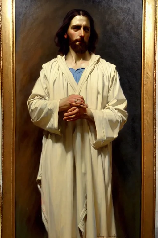 Image similar to leyendecker and solomon joseph solomon and richard schmid and jeremy lipking victorian loose genre loose painting full length portrait painting of jesus