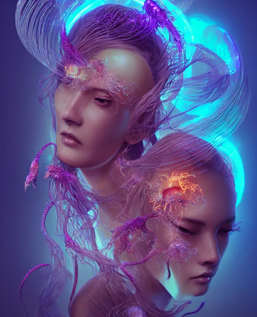 Image similar to goddess close-up portrait. orchid jellyfish phoenix head, nautilus, skull, betta fish, bioluminiscent creatures, intricate artwork by Tooth Wu and wlop and beeple. octane render, trending on artstation, greg rutkowski very coherent symmetrical artwork. cinematic, hyper realism, high detail, octane render, 8k