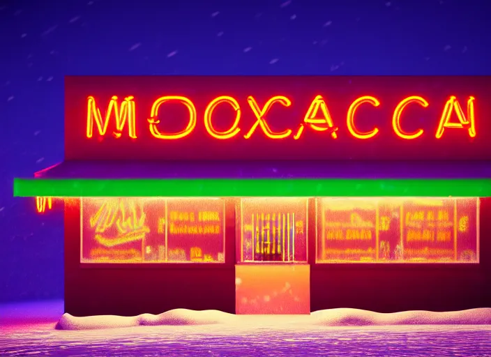 Prompt: exterior photo of a lone mexican restaurant, neon lights, vaporware, in a flat snowy field. 15mm. Very detailed 8k. Sharp. Cinematic post-processing. Unreal engine. Nanite. Ray tracing. Parallax. Tessellation