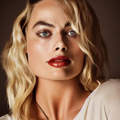 Image similar to Margot Robbie bust, soft lighting, sharp details, warm colors, studio portrait